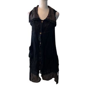 ctf international szS black&grey lace trim boho coverup w/pockets snap front GUC